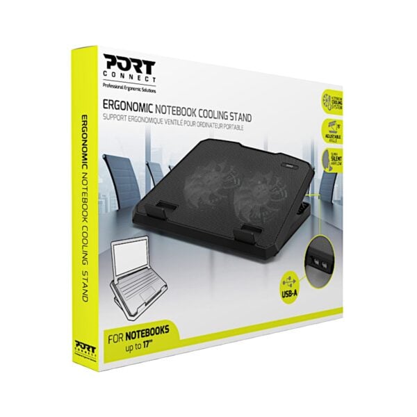 Port Ergonomic Notebook Cooler Pro, with Dual Fans & USB Ports