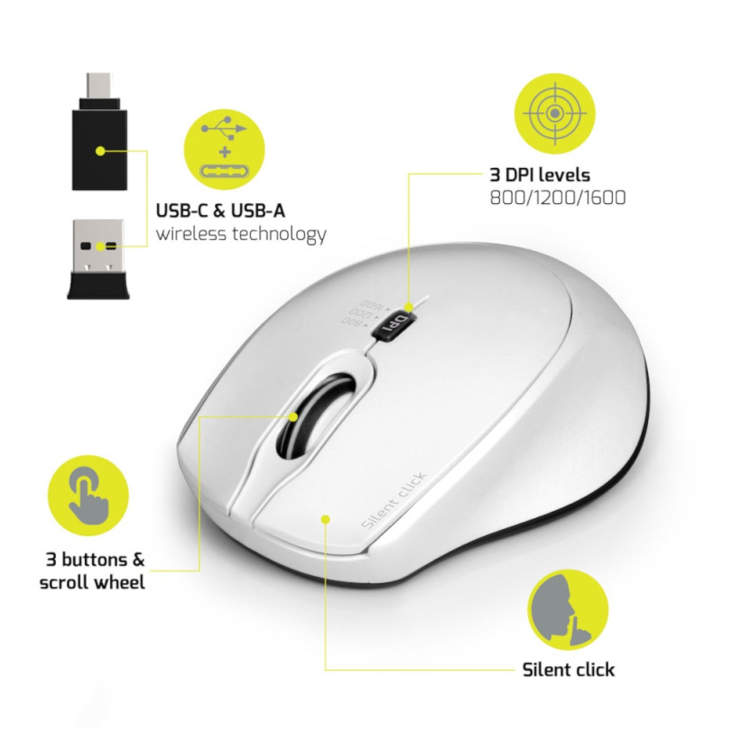Port Connect Silent 1600DPI 3 Button Wireless Mouse – White
