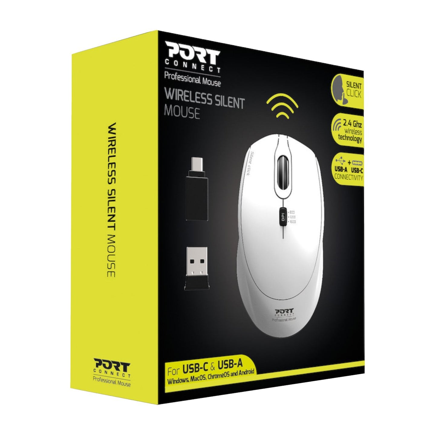 Port Connect Silent 1600DPI 3 Button Wireless Mouse – White