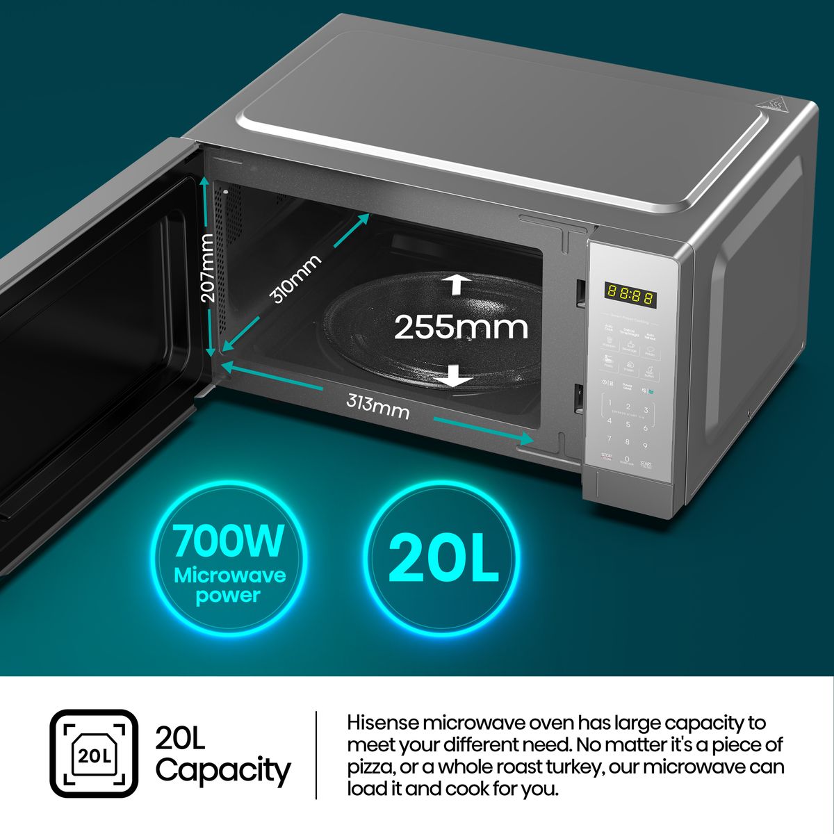 Hisense 20 Litre Silver Digital Microwave Oven
